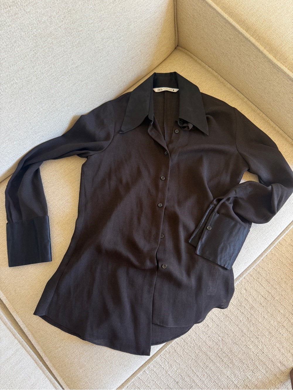 Minimalist Black Button-Front Women's Shirt with satin sleeves and collar